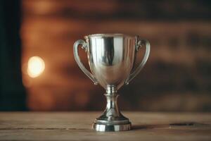 Shiny Silver Trophy on Wooden Table in Rustic Setting photo