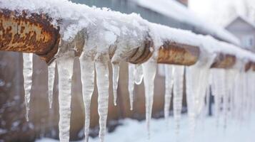Frozen water pipe with icicles in winter urban setting photo