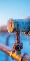Frozen Industrial Pipeline with Ice and Frost at Sunrise in Cold Weather photo