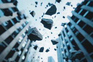 Surreal Floating Rocks in Abstract Urban Skyline Perspective photo