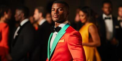 Confident Man in Colorful Suit at Elegant Evening Event with Formal Attire photo