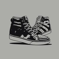 A monochrome digital illustration of a pair of stylish high-top sneakers with detailed laces and textured panels. vector