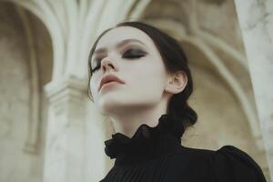 Serene Elegance Gothic Fashion Portrait in Historic Archway Setting photo