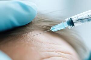 Close Up of Gloved Hand Administering Botox Injection on Forehead Wrinkles photo