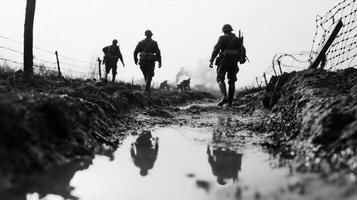 Soldiers Walking Through Muddy Battlefield with Reflections in Water photo