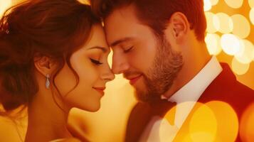 Romantic Couple Embracing at Elegant Evening Event with Glowing Lights photo