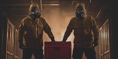 Mysterious Figures in Protective Gear with Red Box in Dark Industrial Setting photo