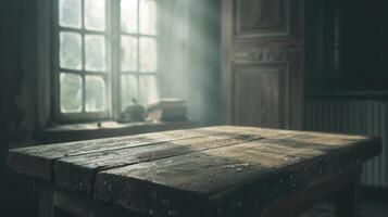 Sunlight illuminating rustic wooden table in vintage room with dust particles and old books photo