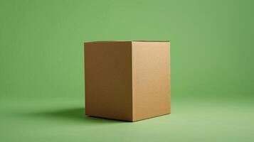 Plain cardboard box on green background in minimalistic style showcasing simplicity and elegance photo