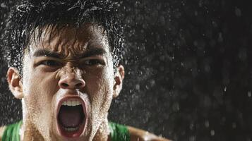 Intense Athlete Shouting with Determination in a Dynamic Action Shot photo
