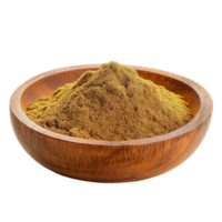 Cumin spice in wooden bowl , transparent isolated background. Ground spices, vibrant vivid colorful cooking seasoning ingredient, food flavour png