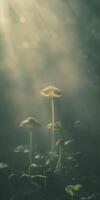 Mystical forest mushrooms illuminated by sunlight in a serene woodland setting photo