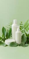 White cosmetic bottles with pump and lid surrounded by green leaves on soft green background photo
