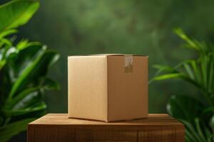 Cardboard Box on Wooden Table Surrounded by Lush Green Foliage in a Studio Setting photo