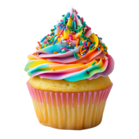 Delicious Cupcake with Rainbow Frosting and Sprinkles on Transparent Background png