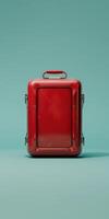 Vintage Red Metal Suitcase on Mint Background with Minimalist Design Concept photo