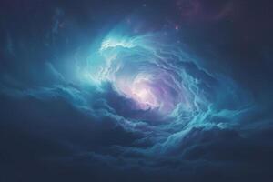 Surreal celestial vortex of luminescent clouds in the night sky photo