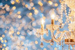 Elegant crystal chandelier with twinkling lights and bokeh effect in a luxurious setting photo