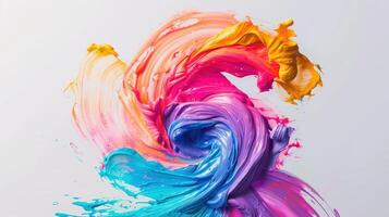 Vibrant swirls of colorful paint on white background displaying motion and creativity photo
