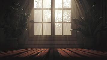 Serene Sunlight Streaming Through Window with Indoor Plants Illuminating Wooden Floor photo
