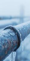 Frozen Industrial Pipeline with Icicles in a Winter Landscape photo