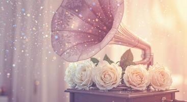 A vintage gramophone with roses on top of it photo