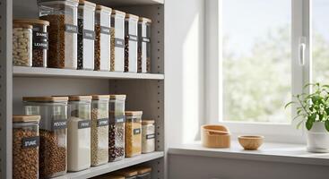 A pantry with many jars and containers of food photo
