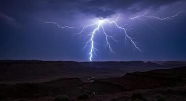 Bright Lightning Bolt Touching Down on an Arid Land Under a Dark Sky photo