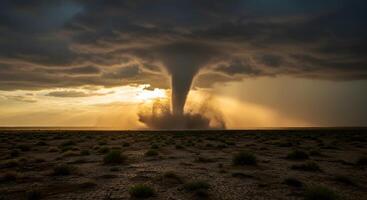 Intense Tornado Forming Over a Vast Arid Terrain With a Dramatic Sky photo