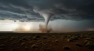 Massive Tornado Touching Down Over a Desert Landscape at Sunset photo