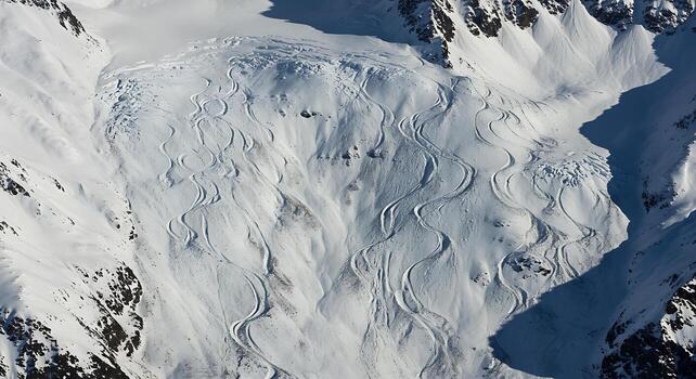 An aerial view of a mountainous landscape covered in snow, showing intricate patterns created by recent avalanches. photo