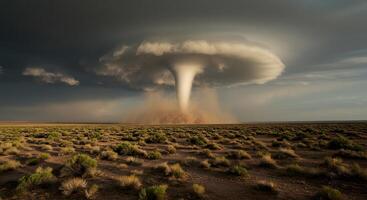Massive Tornado Forming Over a Barren Desert Landscape photo