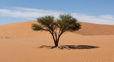 Weathered Desert Tree With Exposed Roots Amidst Shifting Sands photo