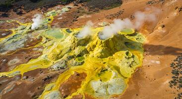 Aerial View of Vibrant Sulfuric Formations and Steaming Hot Springs photo