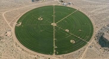 Aerial View of a Futuristic Circular Farm Thriving in the Desert, Sustainable Agriculture, Extreme Conditions, Green Revolution photo