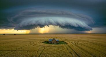 Powerful Thunderstorm Engulfing a Lone House in the Middle of an Endless Field photo