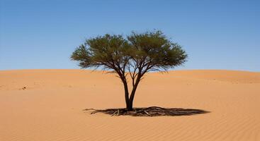 Resilient Tree Standing Alone in Arid Sand Dunes With Visible Roots photo