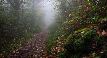 Serene Nature Walk Through a Fog Covered Forest With a Butterfly Resting on Moss photo
