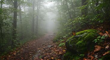 Misty Forest Path With Fallen Leaves and a Butterfly Resting on Moss photo