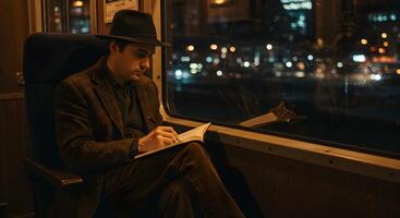 Man in a Classic Hat Writing in a Notebook on a Night Train photo