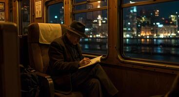 Mysterious Writer Capturing Thoughts on a Train Journey Through the City photo