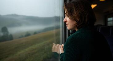 Smiling Woman Looking Out a Wet Window While Traveling in Train photo