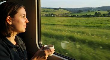 Woman Enjoying a Hot Beverage While Admiring Scenic Countryside from a Train Window photo