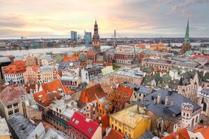 Riga, Latvia, 2024 - Aerial View of Rigas Historic Architecture and Modern Skyline photo