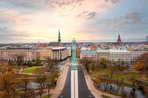 Riga, Latvia, 2024 - Aerial View of Riga with Freedom Monument and Historic Landmarks photo