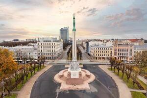 Riga, Latvia, 2024 - Aerial View of Freedom Monument in Riga with Historic Architecture photo