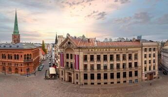 Riga, Latvia, 2024 - Aerial View of Historic Riga with Latvijas Radio Building and Church photo