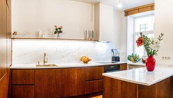 Riga, Latvia, 2024 - Modern Kitchen with Wooden Cabinetry and Marble Accents photo