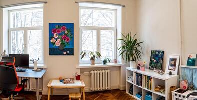 Riga, Latvia, 2024 - Interior Room with Large Windows and Vibrant Flower Painting photo