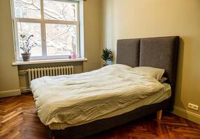 Riga, Latvia, 2024 - Cozy Bedroom with Snowy View and Gray Upholstered Headboard photo